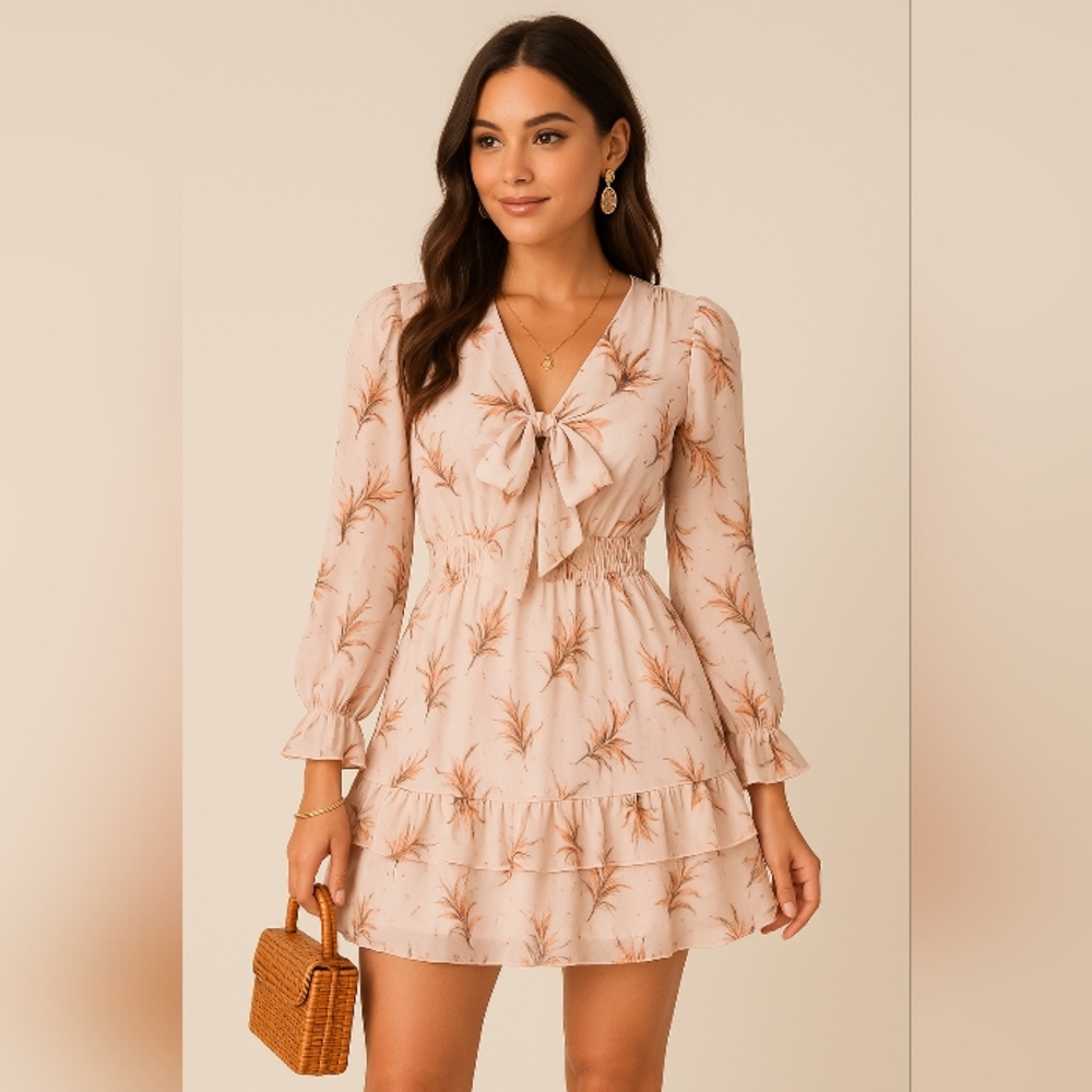 Prettygarden! Pink Ruffled Tiered Long Sleeve Sundress